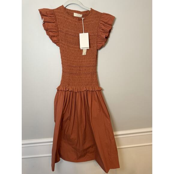 ULLA JOHNSON Madeline Smocked Cotton Midi Dress Brown Pockets Size 0 NWT $595 - Picture 16 of 16